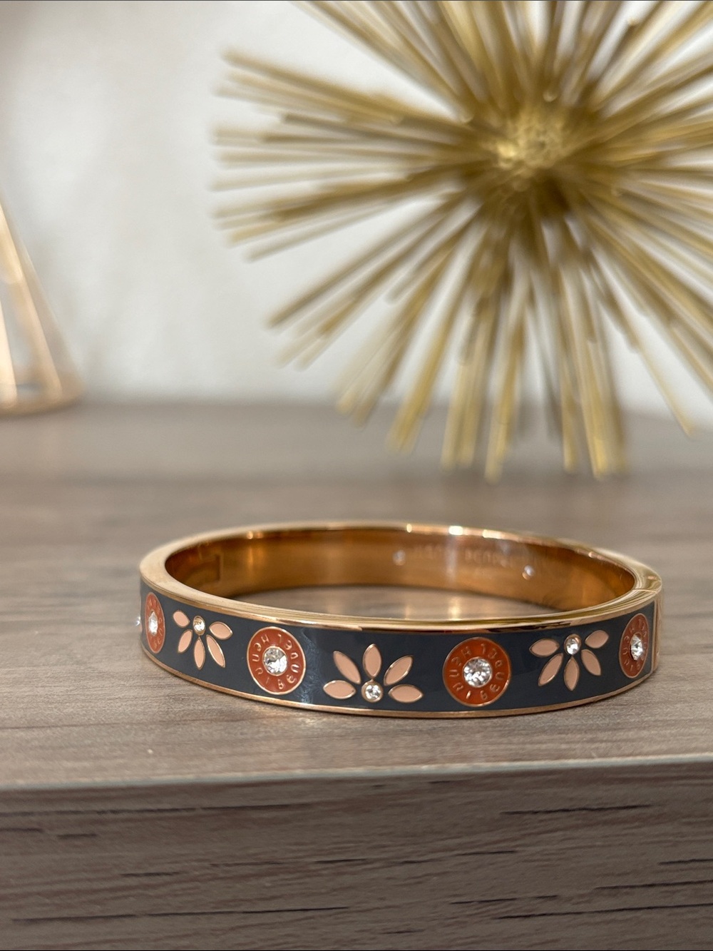 henri bendel Rose Gold & Black Floral Crystal Bangle with the dustbag